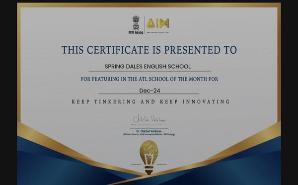 atl-of-the-month Spring Dales English School, Kathua selected as ATL School of the month for December 2024 amongst 10 schools of J&K and 223 schools of India !